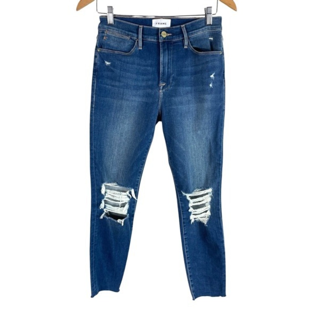 FRAME Womens Le High Skinny Crop Distressed Jeans Size 28 Blue Stretch Raw Hem